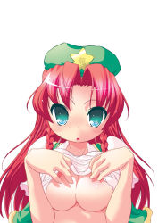 Rule 34 | 1girl, braid, breasts, chinese clothes, clothes lift, embodiment of scarlet devil, female focus, hong meiling, large breasts, naitou satoshi, nipples, red hair, shirt lift, simple background, solo, touhou, twin braids