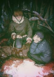 Rule 34 | 2boys, alternate costume, black eyes, black hair, blonde hair, blood, blue coat, blunt bangs, bowl cut, cherrypepsi1048, cigarette, closed mouth, coat, forest, full body, fur trim, hands on own face, highres, holding, holding knife, kageyama shigeo, knife, long sleeves, looking at viewer, male focus, mob psycho 100, multiple boys, nature, night, outdoors, pants, reigen arataka, short hair, sitting, snow, tree