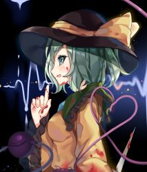 Rule 34 | 1girl, binan xian lu, black hat, blood, blood on clothes, blood on face, bloody knife, blush, breasts, cardiogram, green eyes, green hair, hat, heart, holding, holding knife, holding weapon, knife, komeiji koishi, looking at viewer, medium breasts, parted lips, short hair, smile, solo, third eye, touhou, upper body, weapon