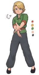 Rule 34 | 1girl, absurdres, black footwear, black pants, blonde hair, brown eyes, chanta (ayatakaoisii), chinese clothes, full body, green shirt, highres, looking at viewer, original, pants, shirt, shoes, short hair, simple background, solo, standing, white background