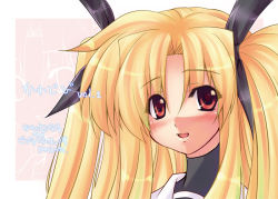 Rule 34 | 00s, 1girl, :d, black ribbon, blonde hair, blush, eyebrows, fate testarossa, hair ornament, ichino, looking at viewer, lyrical nanoha, mahou shoujo lyrical nanoha, open mouth, purple eyes, red eyes, ribbon, school uniform, simple background, smile, solo, twintails, white background