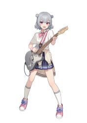 Rule 34 | 1girl, absurdres, blue skirt, bow, bowtie, breast pocket, breasts, cevio, clothes around waist, collared shirt, double bun, electric guitar, full body, grey hair, guitar, hair bun, hair ornament, hairclip, highres, holding, holding instrument, holding plectrum, instrument, kaito (k4itoh), kneehighs, koharu rikka, legs apart, light blush, looking at viewer, open mouth, pink bow, pink bowtie, pink eyes, pink footwear, pleated skirt, plectrum, pocket, second-party source, shirt, shirt tucked in, shoes, short hair, short sleeves, skirt, small breasts, smile, sneakers, socks, solo, standing, sweatband, synthesizer v, transparent background, white shirt, white socks