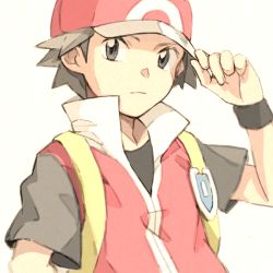 Rule 34 | 1boy, backpack, bag, baseball cap, closed mouth, commentary request, creatures (company), game freak, grey eyes, grey shirt, hand on headwear, hand up, hat, looking at viewer, male focus, matsuri (matsuike), nintendo, pokemon, pokemon frlg, popped collar, red (pokemon), shirt, short sleeves, sleeveless, sleeveless jacket, solo, t-shirt, v-neck, vs seeker, white background, wristband, yellow bag