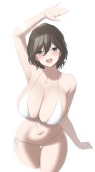 Rule 34 | 1girl, :d, arm up, bikini, black hair, breasts, collarbone, commentary request, cropped legs, grey eyes, halterneck, highres, kaminari doon, large breasts, medium hair, mole, mole on breast, navel, open mouth, original, paid reward available, side-tie bikini bottom, simple background, smile, solo, stomach, swimsuit, thighs, white background, white bikini