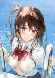 Rule 34 | 1girl, absurdres, blush, breasts, brown eyes, brown hair, closed mouth, comic aun, fingernails, highres, ladder, lips, long hair, long sleeves, looking at viewer, medium breasts, misaki kurehito, nipples, open clothes, open shirt, ponytail, pool, pool ladder, scan, school uniform, shirt, side ponytail, simple background, smile, solo, upper body, water, water drop, wet, wet clothes, white shirt