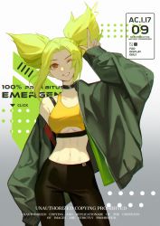Rule 34 | 1girl, asami okutoshioku, black choker, blonde hair, breasts, brown pants, choker, collarbone, cowboy shot, english text, gradient background, green jacket, grey background, grin, hand up, highres, jacket, large breasts, league of legends, long hair, long sleeves, navel, off shoulder, one eye closed, open clothes, open jacket, orange eyes, pants, single bare shoulder, smile, solo, stomach, teeth, twintails, white background, zeri (league of legends)