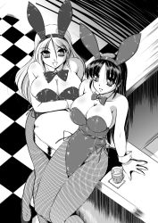 Rule 34 | 2girls, animal ears, bad id, bad pixiv id, bar (place), breasts, cleavage, drink, fake animal ears, fishnet pantyhose, fishnets, from above, greyscale, highres, large breasts, long hair, monochrome, multiple girls, pantyhose, playboy bunny, rabbit ears, sitting, yuuyami sabou
