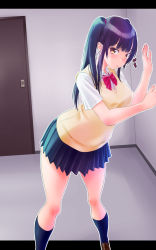 Rule 34 | 1girl, against wall, blue hair, blush, bow, bowtie, breasts, door, female focus, highres, large breasts, legs, looking back, nabesekizaiten, school uniform, shoes, skirt, socks, solo, standing, thighs, twintails, yellow eyes