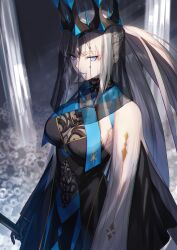 Rule 34 | 1girl, absurdres, black dress, black gloves, black veil, blue eyes, blue lips, bow, braid, breasts, center opening, clothing cutout, cowboy shot, crown, dress, fate/grand order, fate (series), gloves, grey hair, half up braid, highres, holding, holding staff, large breasts, long hair, long sleeves, looking at viewer, morgan le fay (fate), morgan le fay (queen of winter) (fate), nakanishi tatsuya, ponytail, sidelocks, solo, staff, stomach cutout, two-tone dress, veil, very long hair