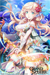 Rule 34 | 1girl, animal ears, arrow (projectile), bare shoulders, blonde hair, blue eyes, bow (weapon), breasts, bridal gauntlets, cloud, company name, copyright name, coral, day, gloves, glowing, grand sphere, green eyes, hair ornament, holding, holding weapon, kneeling, kuroi nyan, long hair, looking at viewer, multicolored eyes, official art, original, parted lips, sky, solo, thighhighs, underboob, water, weapon, white gloves