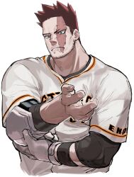 Rule 34 | 1boy, adjusting clothes, alternate costume, ass, bara, baseball, baseball bat, baseball jersey, baseball uniform, blue eyes, boku no hero academia, compression shirt, cropped torso, endeavor (boku no hero academia), facial hair, gloves, hand on own hip, highres, jersey, leather, leather belt, male focus, mature male, migi (mm86262394), muscular, muscular male, pants, pectoral squeeze, red hair, scar, scar on face, short hair, simple background, solo, spiked hair, sportswear, stubble, thick thighs, thighs, tight clothes, white background