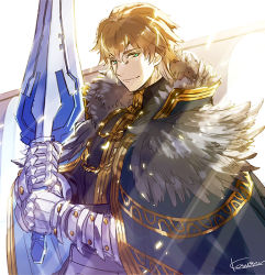 Rule 34 | 1boy, armor, black gloves, blonde hair, blue cape, blue eyes, cape, collared cape, excalibur galatine (fate), fate/extra, fate/grand order, fate (series), fur collar, gauntlets, gawain (fate), gloves, holding, holding sword, holding weapon, kaworu (kaw lov), knight, knights of the round table (fate), long sleeves, looking at viewer, male focus, short hair, signature, smile, solo, sword, upper body, weapon