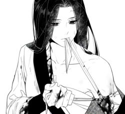 Rule 34 | 1girl, 333 2d, bandaged arm, bandages, black hair, collarbone, expressionless, greyscale, injury, long hair, monochrome, return of the mount hua sect, torn clothes, yu iseol (return of the mount hua sect)