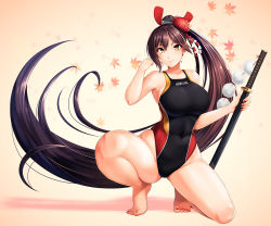 Rule 34 | 1girl, azur lane, barefoot, breasts, brown hair, cleavage, closed mouth, collarbone, competition swimsuit, feet, full body, gradient background, hair bun, hair ornament, hair ribbon, hassen (8cm), large breasts, long hair, looking at viewer, one-piece swimsuit, red ribbon, ribbon, single hair bun, solo, squatting, standing, swept bangs, swimsuit, sword, weapon, yellow eyes, zuikaku (azur lane)