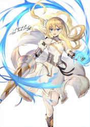 Rule 34 | 1girl, armor, bare shoulders, blonde hair, blue eyes, blush, boots, braid, breasts, character request, charging (attack), commentary request, copy (tenkuu no craft fleet), copyright request, dated, dress, floating hair, french braid, gauntlets, hair between eyes, hair ornament, hair ribbon, hairclip, halterneck, heiwari kanade, highres, holding, holding lance, holding polearm, holding weapon, knee boots, kneehighs, lance, leg up, light particles, long hair, looking at viewer, medium breasts, one side up, open mouth, polearm, powering up, ribbon, sidelocks, signature, simple background, sleeveless, sleeveless dress, socks, solo, tenkuu no craft fleet, very long hair, weapon, white background, white ribbon, wind