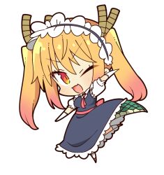 1girl blonde_hair breasts chibi chibi_only dragon_tail full_body gradient_hair headdress kobayashi-san_chi_no_maidragon mochimochi_kinako. multicolored_hair necktie one_eye_closed red_eyes red_necktie solo tail tohru_(maidragon) transparent_background twintails