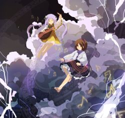 Rule 34 | 2girls, barefoot, biwa lute, black skirt, brown eyes, brown hair, closed eyes, closed mouth, collared dress, collared shirt, commentary request, dress, flat chest, frilled skirt, frills, hairband, highres, holding, holding instrument, instrument, invisible chair, kaigen 1025, lace, lace-trimmed dress, lace trim, long hair, long sleeves, lute (instrument), multiple girls, music, musical note, playing instrument, purple hairband, purple theme, shirt, short hair, sitting, skirt, smile, touhou, tsukumo benben, tsukumo yatsuhashi, twintails, white shirt, yellow dress