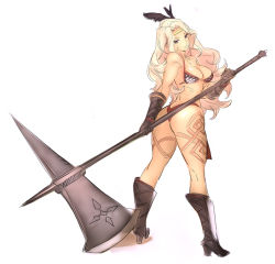 Rule 34 | 1girl, amazon (dragon&#039;s crown), armor, ass, axe, bikini armor, black eyes, blonde hair, boots, breasts, circlet, cleavage, dragon&#039;s crown, feathers, full body, gloves, halberd, huge weapon, large breasts, long hair, looking back, nishieda, polearm, serious, simple background, solo, standing, tattoo, twisted torso, weapon