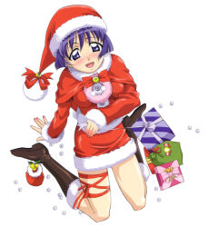 Rule 34 | 1girl, :d, ai yori aoshi, arm support, blue eyes, blue hair, blush, boots, box, brown footwear, capelet, christmas, from above, full body, fur trim, gem, gift, gift box, hat, highres, knee boots, kneeling, leg ribbon, long sleeves, looking at viewer, looking up, matching hair/eyes, open mouth, pearl (gemstone), ribbon, sakuraba aoi, santa costume, santa hat, short hair, simple background, skirt, smile, solo, white background