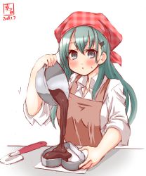 Rule 34 | 1girl, apron, aqua hair, bandana, black eyes, bowl, brown apron, chocolate, commentary request, dated, dress shirt, hair ornament, hairclip, heart, heart mold, highres, kanon (kurogane knights), kantai collection, logo, long hair, mold, red bandana, shirt, simple background, sleeves rolled up, solo, spatula, suzuya (kancolle), upper body, white background, white shirt