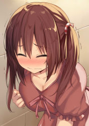 Rule 34 | 10s, 1girl, blush, breasts, brown hair, cccpo, closed eyes, ebina nana, female focus, grabbing own breast, gradient background, himouto! umaru-chan, large breasts, long hair, solo, striped, striped background, trembling, twintails, wavy mouth