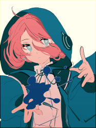 Rule 34 | 1girl, ahoge, arknights, blue jacket, blue poison (arknights), bright pupils, hands up, highres, hood, hood up, hooded jacket, jacket, long sleeves, looking at viewer, open clothes, open jacket, pink hair, rectangular pupils, shirt, short hair, simple background, solo, tetuw, upper body, white background, white pupils, white shirt