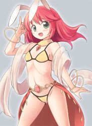 Rule 34 | 1girl, :d, animal ears, bikini, blush, bracelet, breasts, commentary request, cowboy shot, dancer (ragnarok online), emurin, fake animal ears, gem, gold, green eyes, grey background, jewelry, long hair, looking at viewer, midriff, navel, open mouth, pink hair, rabbit ears, ragnarok online, red gemstone, see-through, shawl, simple background, small breasts, smile, solo, swimsuit, yellow bikini
