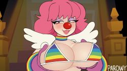 Rule 34 | 1girl, ace attorney, animated, artist name, blush, bouncing breasts, breasts, cleavage, clown, clown girl, clown nose, confetti, emmanomia23, geiru toneido, large breasts, looking at viewer, pink hair, solo, sound, upper body, video