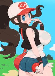 Rule 34 | 1girl, ass, bare legs, baseball cap, blue eyes, blush, breasts, brown hair, chimjoljol (cute goblin), cowboy shot, creatures (company), cutoffs, denim, denim shorts, finger to cheek, game freak, grass, hat, highres, hilda (pokemon), holding, holding poke ball, large breasts, long hair, looking at viewer, looking back, micro shorts, nintendo, outdoors, poke ball, poke ball (basic), pokemon, pokemon bw, ponytail, short shorts, shorts, sidelocks, smile, solo, tongue, tongue out, very long hair, wide hips, wristband