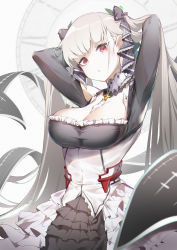 Rule 34 | 1girl, absurdres, azur lane, between breasts, breasts, choker, cleavage, clock, dress, flight deck, formidable (azur lane), frilled dress, frilled ribbon, frills, hair between eyes, hair ribbon, highres, jewelry, joehongtee, large breasts, long hair, long skirt, looking at viewer, platinum blonde hair, red eyes, ribbon, rigging, shaded face, simple background, skirt, solo, twintails, two-tone dress, two-tone ribbon, very long hair