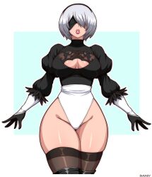 Rule 34 | 1girl, 2b (nier:automata), :o, absurdres, black dress, breasts, cleavage cutout, clothing cutout, curvy, detached sleeves, dress, eyepatch, feet out of frame, gloves, highleg, highleg leotard, highres, large breasts, leotard, lips, mole, mole under mouth, nier, nier (series), no eyes, shiny skin, short hair, signature, simmsy, simple background, thighs, thong leotard, white hair, white leotard, wide hips