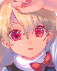 Rule 34 | 100th black market, 1girl, arm up, black hair, blonde hair, bow, commentary request, kirisame marisa, long hair, looking at viewer, open mouth, portrait, red bow, red eyes, red nails, shirt, shukinuko, solo, touhou, turtleneck, white shirt