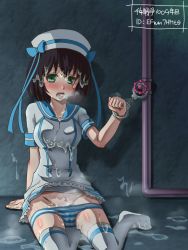Rule 34 | 1girl, after rape, awa, blush, breasts, brown hair, character request, cuffs, cum, cum on body, cum on breasts, cum on hair, cum on lower body, cum on upper body, facial, green eyes, handcuffs, hat, panties, ribbon, sailor collar, sailor hat, short hair, sitting, striped clothes, striped panties, thighhighs, underwear