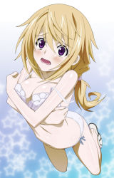 Rule 34 | 10s, 1girl, blonde hair, blush, bra, breasts, charlotte dunois, covering privates, covering breasts, highres, infinite stratos, kekke, legs, lingerie, navel, open mouth, panties, purple eyes, scared, solo, strap slip, tears, underwear, underwear only, wide-eyed