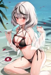 Rule 34 | 1girl, :o, bad id, bad twitter id, bikini, black bikini, black hair, black nails, blush, buckle, day, feet out of frame, flower, food, grey hair, heart, heart-shaped buckle, highres, holding, holding food, hololive, layered bikini, leaning to the side, looking at viewer, medium hair, multicolored hair, multicolored nails, nail polish, navel, off shoulder, outdoors, parted lips, petals, petals on liquid, popsicle, popsicle stick, red bikini, red eyes, red flower, red nails, sakamata chloe, satoupote, see-through, see-through shirt, side-tie bikini bottom, sitting, solo, stomach, streaked hair, swimsuit, thighs, virtual youtuber, water, wet