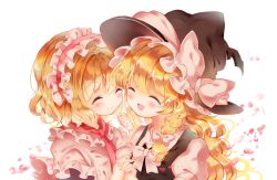 Rule 34 | 2girls, ^ ^, alice margatroid, bad id, bad pixiv id, black vest, blonde hair, blush, bow, braid, capelet, clenched hand, closed eyes, commentary request, closed eyes, facing another, frilled capelet, frilled hairband, frills, hair between eyes, hair ribbon, hairband, hat, hat ribbon, heads together, highres, holding hands, interlocked fingers, kawao9, kirisame marisa, lolita hairband, long hair, multiple girls, open mouth, petals, pink bow, pink capelet, pink shirt, puffy short sleeves, puffy sleeves, red neckwear, red ribbon, ribbon, shirt, short hair, short sleeves, simple background, single braid, smile, touhou, tress ribbon, upper body, vest, white background, witch hat, yuri