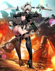 Rule 34 | 1girl, artist name, ass, black dress, blindfold, boots, destruction, dress, explosion, feather-trimmed sleeves, female focus, genzoman, hairband, high heel boots, high heels, huge weapon, leotard, leotard under clothes, looking back, nier (series), nier:automata, short hair, silver hair, solo, standing, sword, thigh boots, thighhighs, weapon, 2b (nier:automata)
