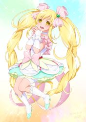 Rule 34 | 0417nao, 10s, 1girl, 2014, blonde hair, blush, boots, bow, choker, cure echo, dated, dress, hair ornament, hair ribbon, happy, long hair, looking at viewer, magical girl, pink bow, precure, precure all stars new stage: mirai no tomodachi, ribbon, sakagami ayumi, signature, smile, solo, twintails, very long hair, waist bow, white choker, white footwear, yellow eyes