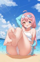 Rule 34 | 1girl, ahoge, arm up, bare legs, barefoot, beach, bikini, blue archive, blue eyes, blue jacket, blush, cameltoe, day, eyewear on head, fang, feet, frilled bikini, frills, hair bobbles, hair ornament, heterochromia, highres, hoshino (blue archive), hoshino (swimsuit) (blue archive), jacket, long hair, mao mao juzhang, off shoulder, open clothes, open jacket, open mouth, outdoors, pink hair, skin fang, smile, soles, solo, sunglasses, swimsuit, toes, twintails, wet, white bikini, yellow eyes