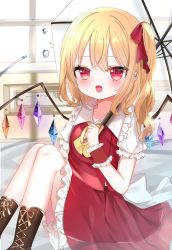 Rule 34 | 1girl, ascot, back bow, blonde hair, blurry, blurry background, blush, boots, bow, breasts, brown bow, brown footwear, collared shirt, commentary request, crystal, eyelashes, eyes visible through hair, fang, flandre scarlet, footwear bow, frills, hair between eyes, hair bow, hand up, highres, holding, holding umbrella, jewelry, looking at viewer, medium breasts, multicolored wings, no headwear, okome2028, one side up, open mouth, puffy short sleeves, puffy sleeves, red bow, red eyes, red skirt, red vest, shirt, short hair, short sleeves, shorts, sitting, skirt, smile, solo, tongue, touhou, umbrella, vest, water drop, white bow, white shirt, white shorts, window, wings, wrist cuffs, yellow ascot