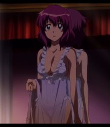 Rule 34 | 1girl, blue eyes, bow, breasts, cleavage, frills, henrietta de tristain, highres, large breasts, letterboxed, mirror, nightgown, non-web source, open mouth, panties, purple hair, reflection, screencap, see-through, short hair, solo, stitched, third-party edit, underwear, zero no tsukaima
