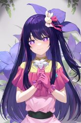 Rule 34 | 1girl, absurdres, blush, capelet, chromatic aberration, closed mouth, commentary, cowboy shot, double-parted bangs, eyelashes, floral background, flower, frilled gloves, frills, gloves, grey background, hair between eyes, hair ornament, hair ribbon, hands up, head tilt, highres, hoshino ai (oshi no ko), long hair, looking at viewer, oshi no ko, own hands together, pink capelet, pink gloves, pink ribbon, pink shirt, pink skirt, plant, purple eyes, purple flower, purple hair, purple ribbon, rabbit hair ornament, ribbon, shirt, side ponytail, sidelocks, skirt, smile, solo, standing, star-shaped pupils, star (symbol), star ornament, stoner08, straight-on, straight hair, symbol-shaped pupils, very long hair, vignetting, white flower