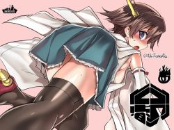 Rule 34 | 10s, 1girl, :o, artist name, ass, black thighhighs, blush, breasts, brown hair, detached sleeves, from behind, hairband, hiei (kancolle), high heels, japanese clothes, kantai collection, looking at viewer, looking back, md5 mismatch, no legwear, nontraditional miko, open mouth, panties, panty peek, pantyshot, pink background, profile, purple eyes, resized, short hair, sideboob, simple background, skirt, solo, surprised, thighhighs, thighs, tokita monta, twitter username, underwear, upskirt, white panties
