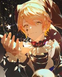 Rule 34 | 1boy, blonde hair, commentary, cupping hand, facial mark, formal, frilled sleeves, frills, glowing, hair between eyes, hat, highres, jester, jester cap, light smile, looking at object, male focus, official alternate costume, project sekai, short hair, shycocoa, solo, star (symbol), symbol-only commentary, ten no hate no phoenix e (project sekai), tenma tsukasa, upper body, yellow eyes, yellow theme