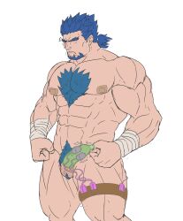 Rule 34 | 1boy, absurdres, bandaid, bandaids on nipples, bara, blue hair, blush, bucchigiri, clenched hands, completely nude, condom, condom on penis, excessive pubic hair, facial hair, facing ahead, feet out of frame, flat color, forked eyebrows, goatee, highres, kenchiro (bucchigiri), large pectorals, low ponytail, male focus, male pubic hair, mature male, minatsumi, muscular, muscular male, navel, nude, pasties, pectorals, penis, pubic hair, shaded face, short hair, short ponytail, solo, spiked hair, standing, thick chest hair, thick eyebrows, thighs, trembling, twitching penis, vibrator in thigh strap