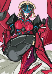 Rule 34 | absurdres, blue eyes, breasts, crossed legs, flame toys windblade, grotesquerampag, highres, humanoid robot, mechanical wings, medium breasts, pink background, robot, sitting, thick thighs, thighs, transformers, windblade, wings