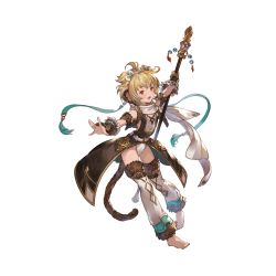 Rule 34 | 1girl, andira (granblue fantasy), barefoot, blonde hair, cleavage cutout, clothing cutout, erune, full body, fur trim, granblue fantasy, hair ornament, headband, holding, holding staff, minaba hideo, monkey tail, official art, red eyes, scarf, short hair, solo, staff, tail, transparent background