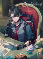 Rule 34 | 1boy, 1girl, 32 oogawa, bandaged arm, bandaged neck, bandages, black coat, black gloves, black hair, black shirt, blue eyes, blurry, blurry background, buttons, chain, chair, closed mouth, coat, coat on shoulders, collared shirt, commentary request, cup, dated, drink, drinking straw, earrings, facial scar, fingerless gloves, fur-trimmed coat, fur trim, gauntlets, genshin impact, gloves, grey hair, grey vest, hair between eyes, hand up, happy birthday, highres, holding, holding paper, indoors, inkwell, jewelry, lapels, looking at viewer, male focus, melusine (genshin impact), multicolored hair, necktie, on chair, paper, parted bangs, quill, red necktie, scar, scar on arm, scar on cheek, scar on face, scar on neck, shirt, short hair, short sleeves, sigewinne (genshin impact), sitting, smile, solo, solo focus, sticker, streaked hair, stud earrings, table, two-sided coat, two-sided fabric, vest, wriothesley (genshin impact)