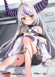 Rule 34 | 1girl, absurdres, ahoge, bare legs, bare shoulders, barefoot, blush, bowl, chocolate, commentary, eyes visible through hair, failure, frown, highres, hololive, horns, la+ darknesss, long hair, long sleeves, looking at viewer, multicolored hair, o-ring, pointy ears, purple hair, sitting, solo, spill, spoon, strap slip, streaked hair, striped horns, taro. (tataroro 1), tearing up, two-tone hair, valentine, very long hair, virtual youtuber, white hair, yellow eyes