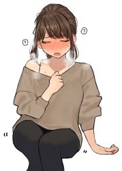 Rule 34 | 1girl, ?, black pantyhose, blush, brown hair, douki-chan (douki-chan), closed eyes, ganbare douki-chan, heavy breathing, highres, off shoulder, open mouth, pantyhose, simple background, sitting, solo, spoken question mark, sweat, sweater, white background, yomu (sgt epper)